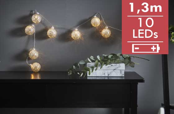Lichtketting Glitterbal- 130cm -10 leds -lichtkleur: Warm Wit -Werkt op batterijen -Met timer functie -Kerstdecoratie