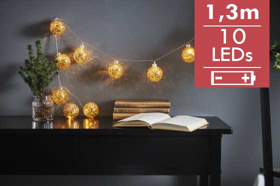 Lichtketting Glitter- 130cm -10 leds -lichtkleur: Warm Wit -Werkt op batterijen -Met timer functie -Kerstdecoratie