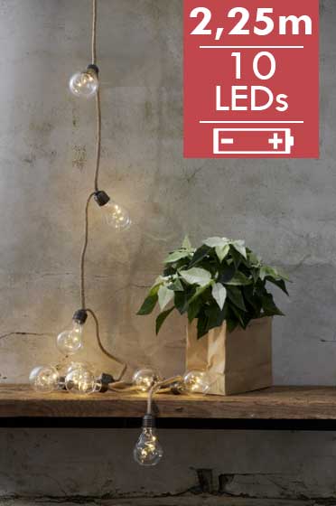 Lichtketting lampjes- 225cm -10 leds -lichtkleur: Warm Wit -Werkt op batterijen -Met timer functie -Kerstdecoratie