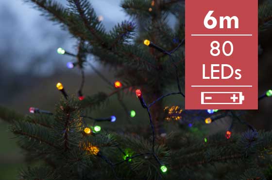 Kerstboomverlichting batterij LED Multi Diamond String 6 m -80 lampjes -div lichtstanden  -Ook geschikt voor buiten  -lichtkleur: RGB -Werkt op batter