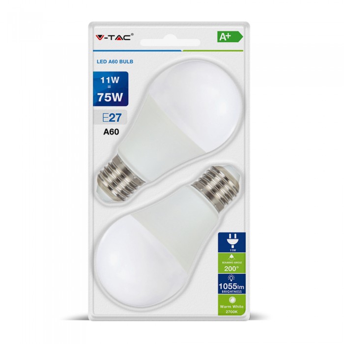 E27 Standaard LED Lamp -Extra Warm Wit (2700K) -11 Watt, vervangt 75W Halogeen -V-Tac