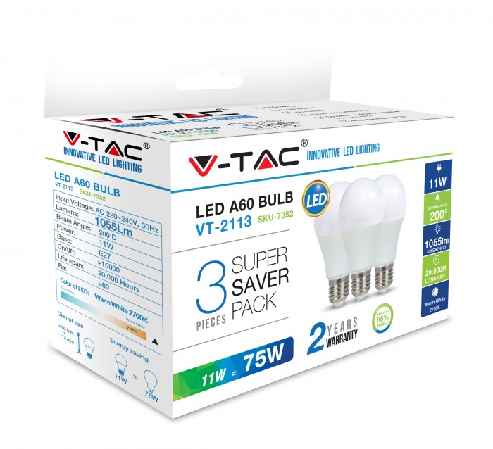 E27 Standaard LED Lamp -Extra Warm Wit (2700K) -11 Watt, vervangt 75W Halogeen -V-Tac