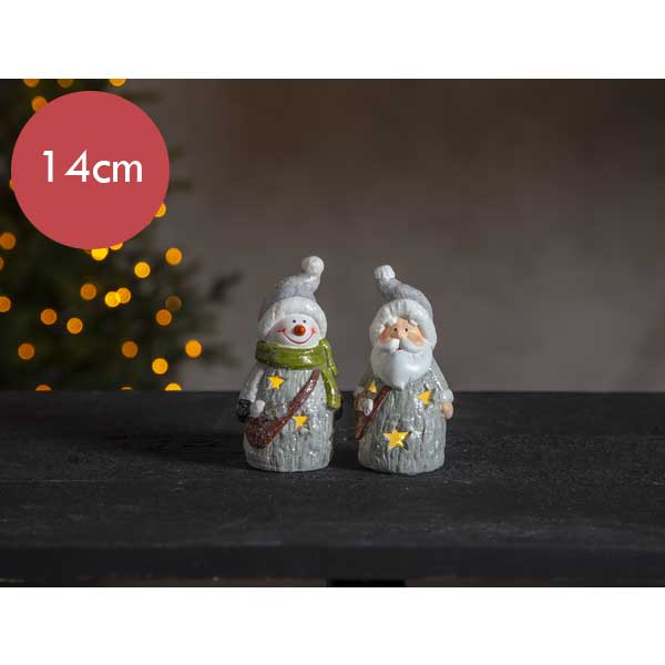 Kerstman en sneeuwpop met LED verlichting op batterijen -14cm  -lichtkleur: Warm Wit -Werkt op batterijen -Met timer functie -Kerstdecoratie