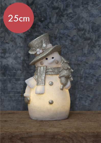 Sneeuwpop Buddy verlicht -25cm -lichtkleur: Warm Wit -Werkt op batterijen -Met timer functie -Kerstdecoratie