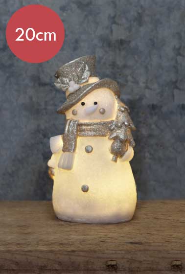 Sneeuwpop Buddy verlicht -20cm -lichtkleur: Warm Wit -Werkt op batterijen -Met timer functie -Kerstdecoratie