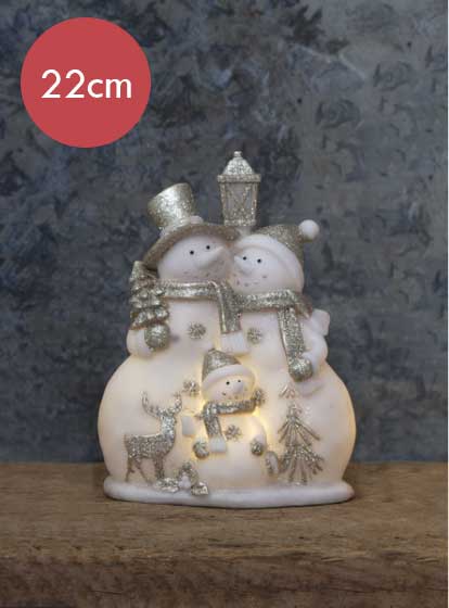 Sneeuwpop familie Buddy verlicht -22cm -lichtkleur: Warm Wit -Werkt op batterijen -Met timer functie -Kerstdecoratie