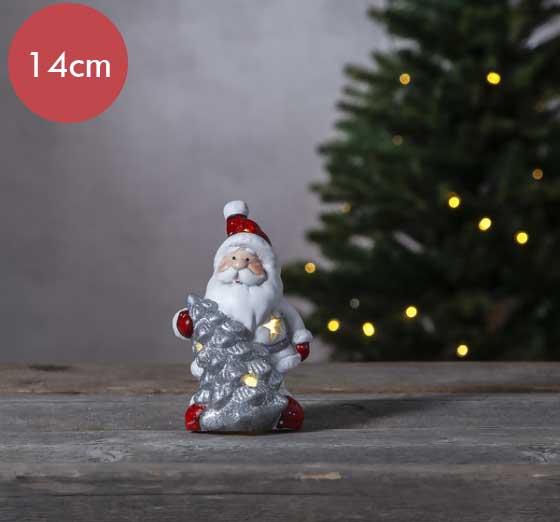 Verlichte Kerstman met boom -14cm -lichtkleur: Warm Wit -Werkt op batterijen -Met timer functie -Kerstdecoratie