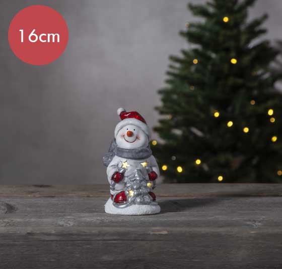 Verlichte Sneeuwpop met boom -15cm -lichtkleur: Warm Wit -Werkt op batterijen -Met timer functie -Kerstdecoratie
