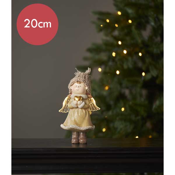 Engel beige met LED verlichting op batterijen -20cm  -lichtkleur: Warm Wit -Werkt op batterijen -Met timer functie -Kerstdecoratie