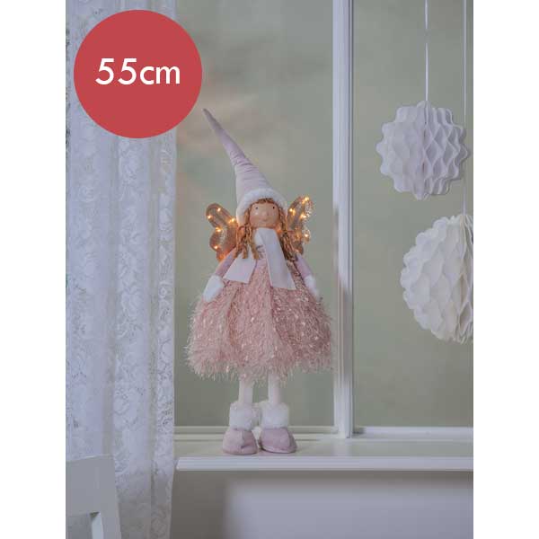 Engel roze met LED verlichting op batterijen -55cm  -lichtkleur: Warm Wit -Werkt op batterijen -Met timer functie -Kerstdecoratie