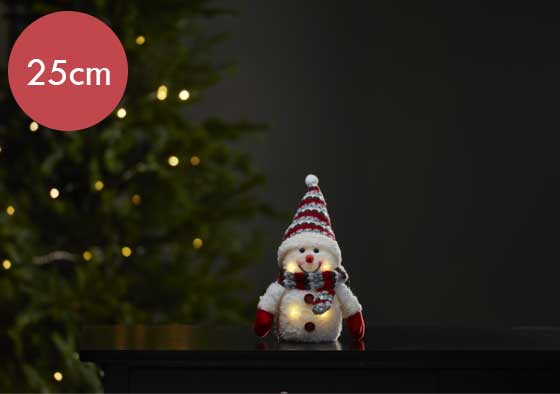 Sneeuwpop met rode sjaal -25cm  -lichtkleur: Warm Wit -Werkt op batterijen -Met timer functie -Kerstdecoratie