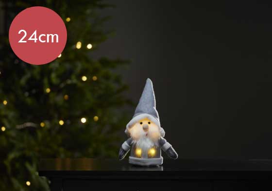 Verlichte grijze kerstman -24cm -lichtkleur: Warm Wit -Werkt op batterijen -Met timer functie -Kerstdecoratie