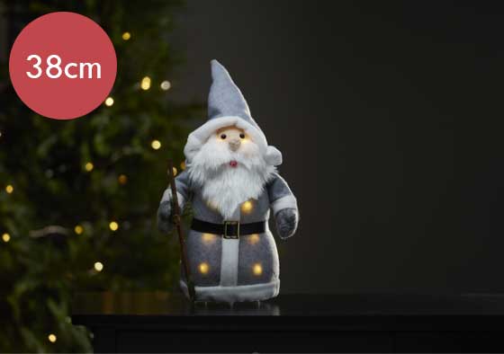 Grote verlichte kerstman grijs -38cm -lichtkleur: Warm Wit -Werkt op batterijen -Met timer functie -Kerstdecoratie
