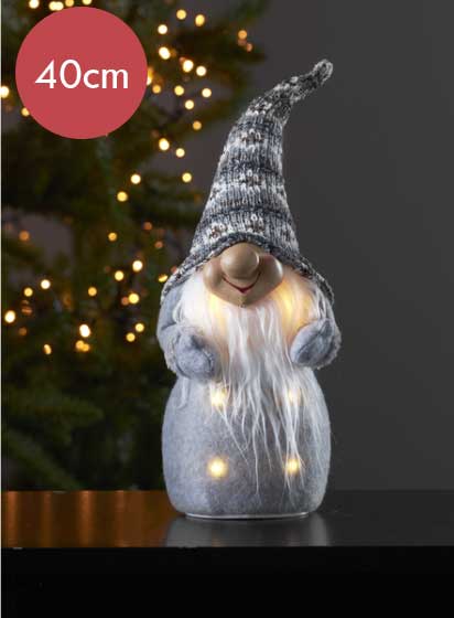 Grote verlichte kerstpop grijs -40cm -lichtkleur: Warm Wit -Werkt op batterijen -Met timer functie -Kerstdecoratie