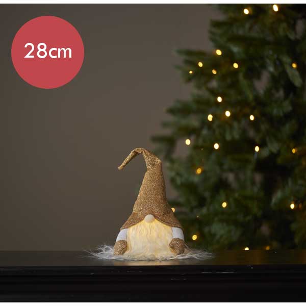 Kerstkabouter goud met LED verlichting -28cm -lichtkleur: Warm Wit -Werkt op batterijen -Met timer f