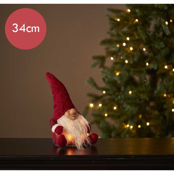 Kerstkabouter rood met 4 LED lampjes -34cm -lichtkleur: Warm Wit -Werkt op batterijen -Met timer functie -Kerstdecoratie