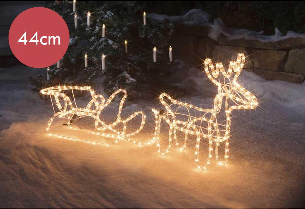 3D rendier met slee LED lichtslang -44CM hoog -324 lampjes -warm wit licht -Ook geschikt voor buiten  -lichtkleur: Warm Wit -met stekker -Kerstdecorat