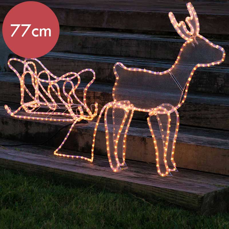 3D rendier met slee LED lichtslang -77CM hoog -504 lampjes -warm wit licht -Ook geschikt voor buiten  -lichtkleur: Warm Wit -met stekker -Kerstdecorat
