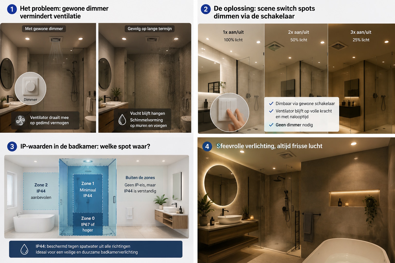 infographic dimbare badkamer inbouwspots scene switch ventilator nalooptijd IP-waarden zones