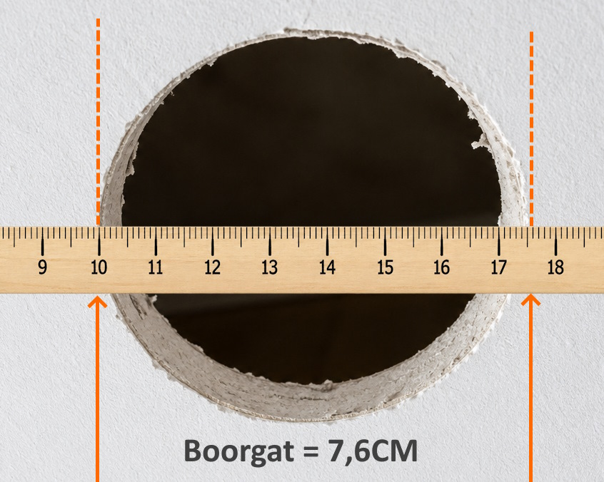 Boorgat correct meten vanaf 10 centimeter op de duimstok, met een uitkomst van 76 millimeter