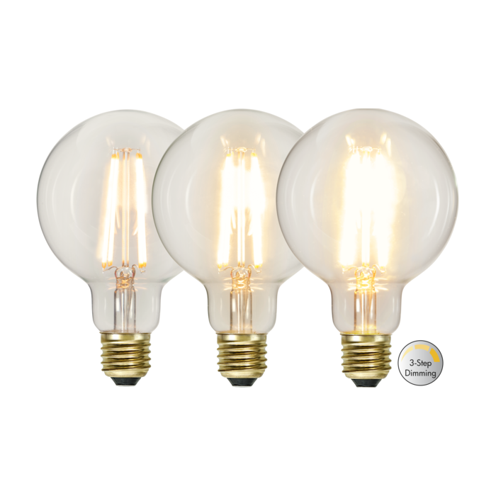 3 standen - G95 bol - E27 - 6.5W - Super Warm Wit <2200K - Filament - Helder