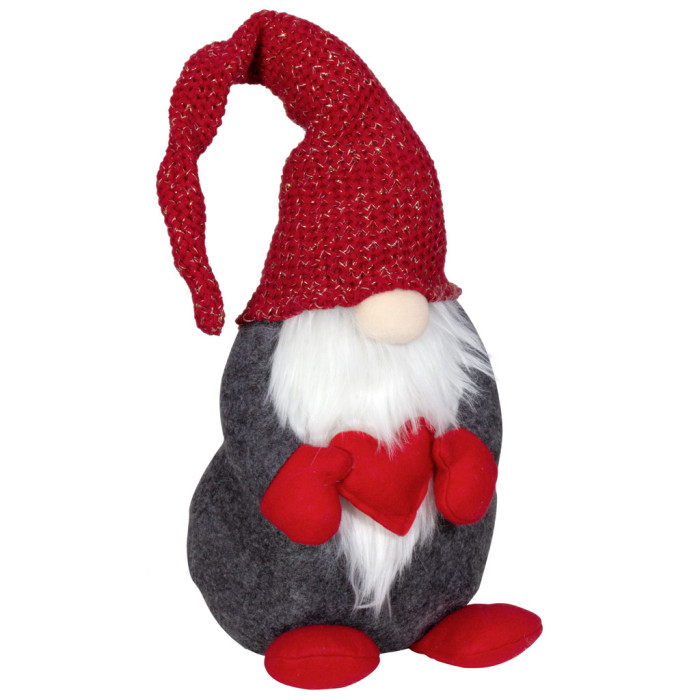 Liefdevol grijs handgemaakt Gnoom-mannetje met rode muts en hartje - 35(65)cm