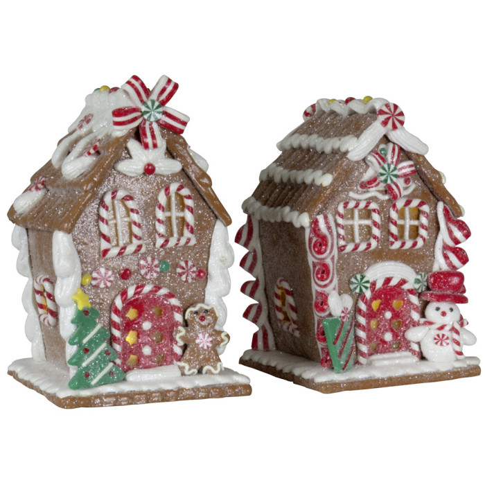 Bruin Peperkoekhuisje met sneeuwpop en cadeautje - 14cm