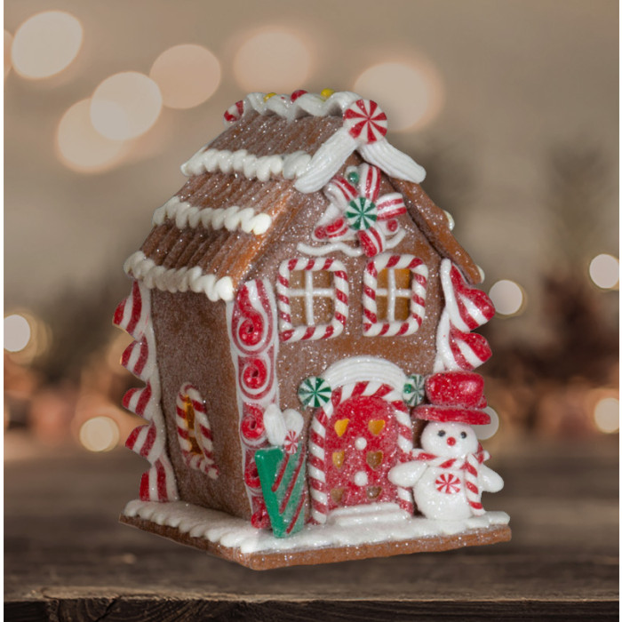 Bruin Peperkoekhuisje met sneeuwpop en cadeautje - 14cm