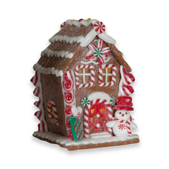 Bruin Peperkoekhuisje met sneeuwpop en cadeautje - 14cm