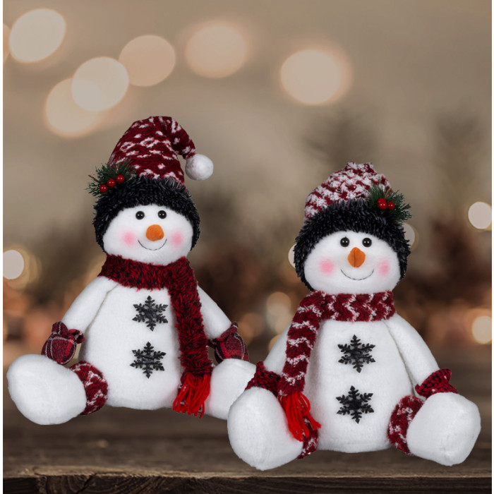 Klassiek handgemaakt sneeuwpoppen-duo rood/wit met grijze sneeuwvlokken - 36(50)cm