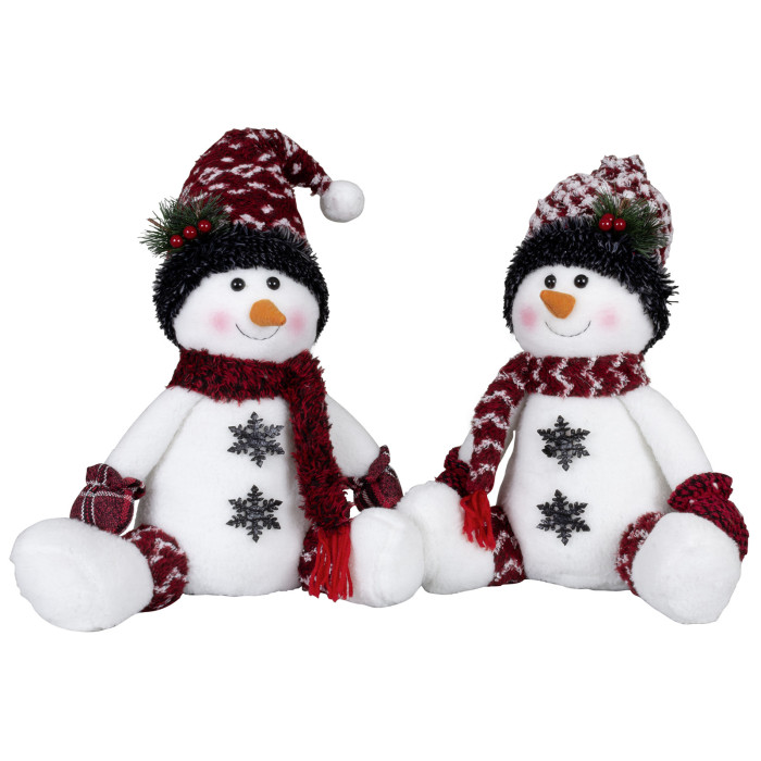 Klassiek handgemaakt sneeuwpoppen-duo rood/wit met grijze sneeuwvlokken - 36(50)cm