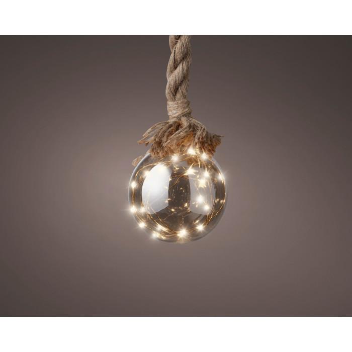 Kerstbal met jute touw en 30 LED lampjes - 14cm - Rook grijs 