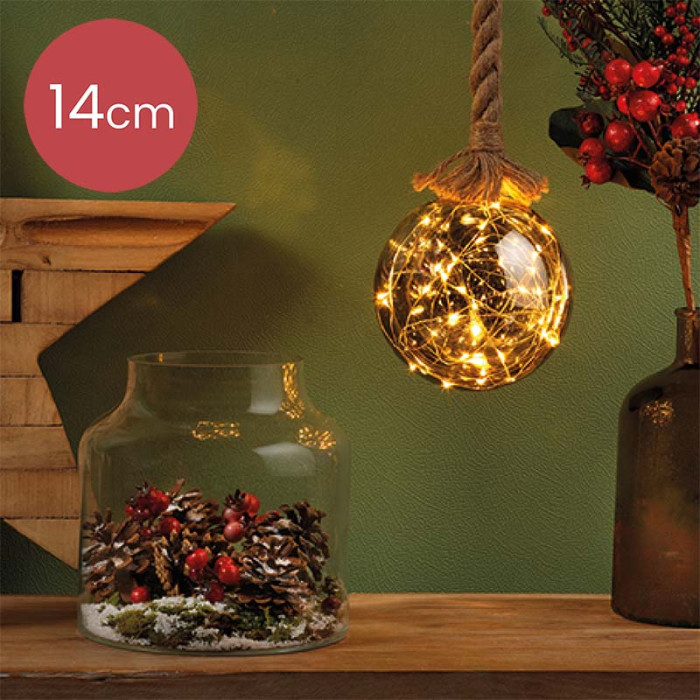 Kerstbal met jute touw en 30 LED lampjes - 14cm - Rook grijs