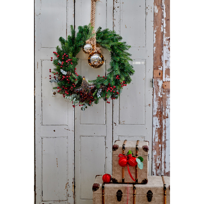 Kerstbal met jute touw en 30 LED lampjes - 14cm - Rook grijs 