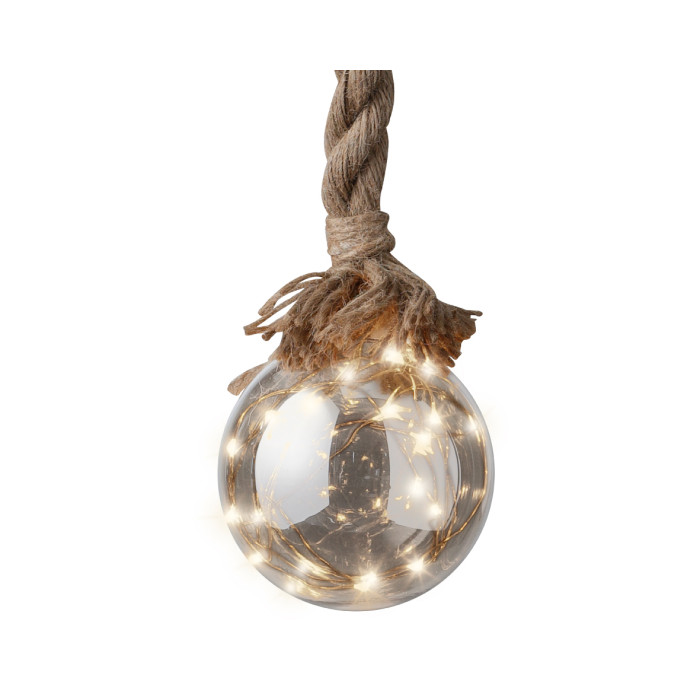 Kerstbal met jute touw en 30 LED lampjes - 14cm - Rook grijs 