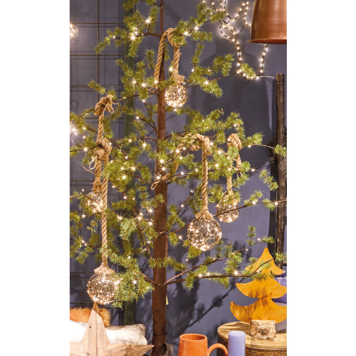 Kerstbal met jute touw en 30 LED lampjes - 14cm - Rook grijs 