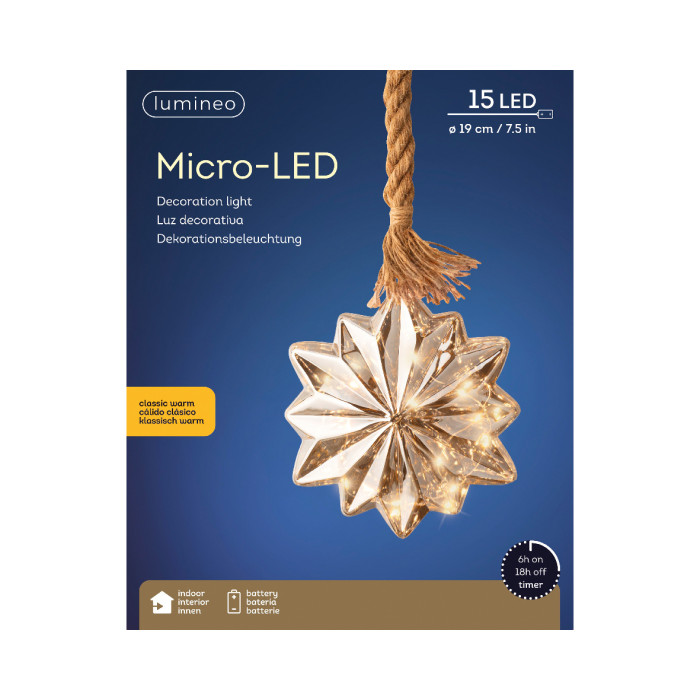 Glazen kerstbloem - 15 LED lampjes - Grijs - 19cm