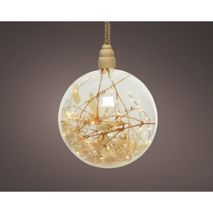 Kerstbal met setaria viridis en gypsophila - 40 micro LED lampjes - 20cm - helder glas