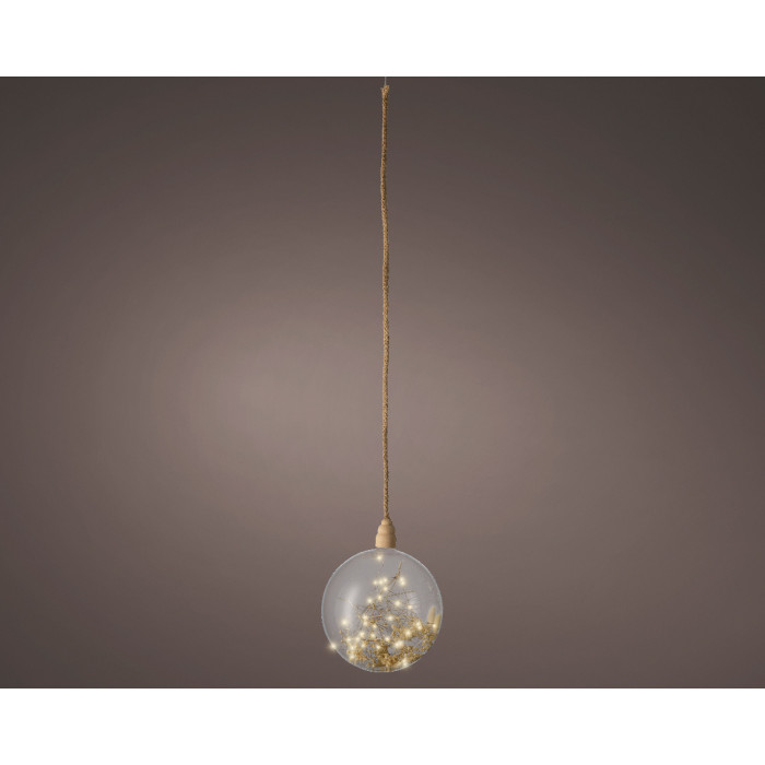 Kerstbal met setaria viridis en gypsophila - 40 micro LED lampjes - 20cm - helder glas