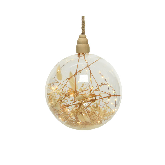 Kerstbal met setaria viridis en gypsophila - 40 micro LED lampjes - 20cm - helder glas