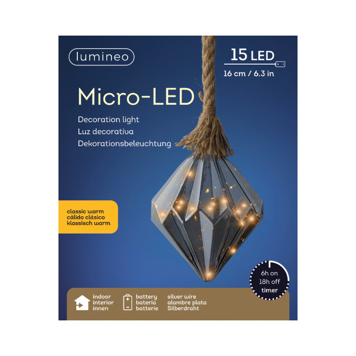 Kerst Diamant lamp - 15 LED lampjes - Grijs - 16cm