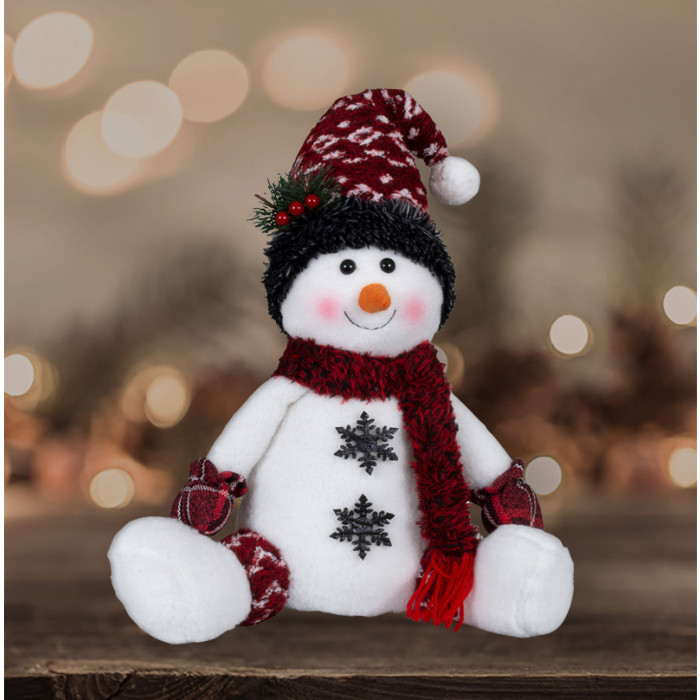 Klassiek handgemaakt sneeuwpoppen-duo rood/wit met grijze sneeuwvlokken - 36(50)cm