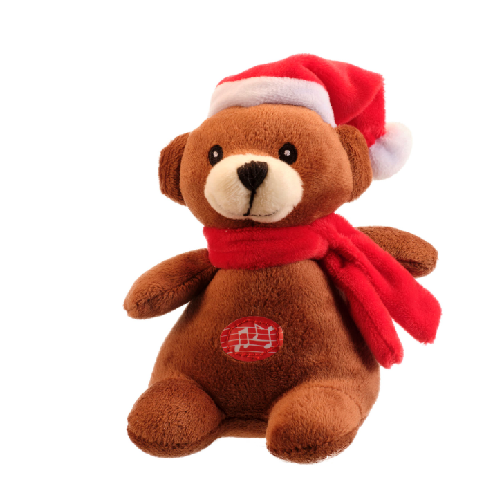 Donker bruine polyester beer met kerstmuts en rode sjaal - met muziek - 13 cm