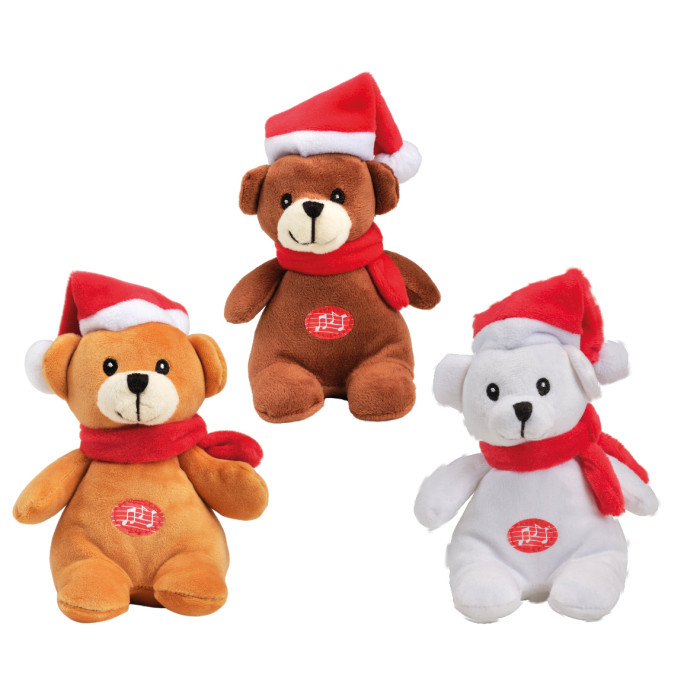 Donker bruine polyester beer met kerstmuts en rode sjaal - met muziek - 13 cm