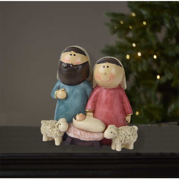 Kerststal beeld Maria, Jezus, Jozef en schapen - 11,2cm Hoog 