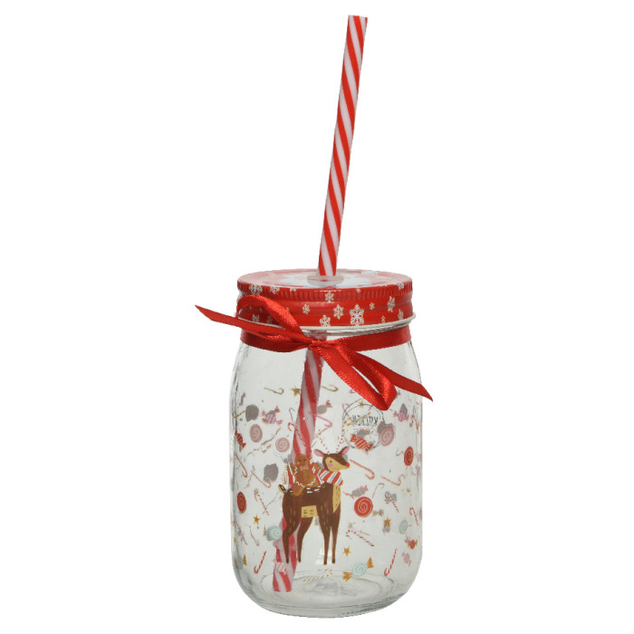 Glazen limonadebekers kerst figuren en rietjes - Set van 3 - Ø7,3 x 13 cm
