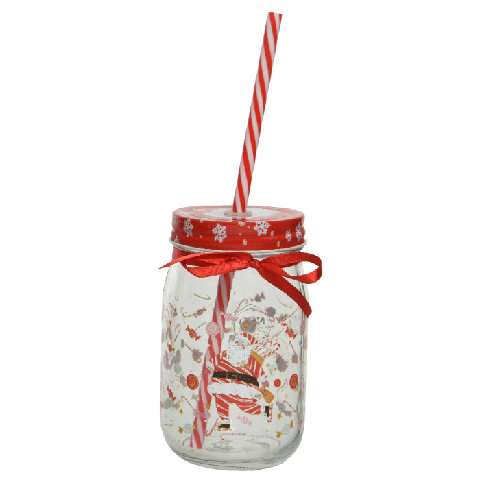 Glazen limonadebekers kerst figuren en rietjes - Set van 3 - Ø7,3 x 13 cm