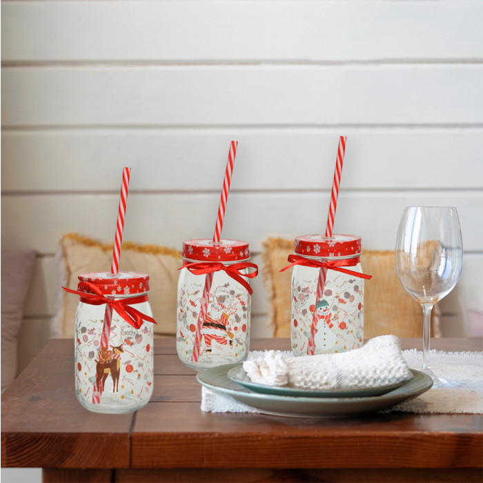 Glazen limonadebekers kerst figuren en rietjes - Set van 3 - Ø7,3 x 13 cm