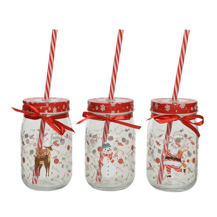 Glazen limonadebekers kerst figuren en rietjes - Set van 3 - Ø7,3 x 13 cm