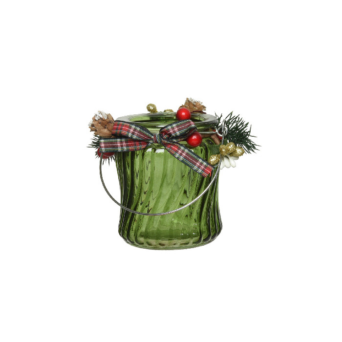 Groene glazen waxinelichthouder met wave patroon en versiering - Ø8 x 10 cm